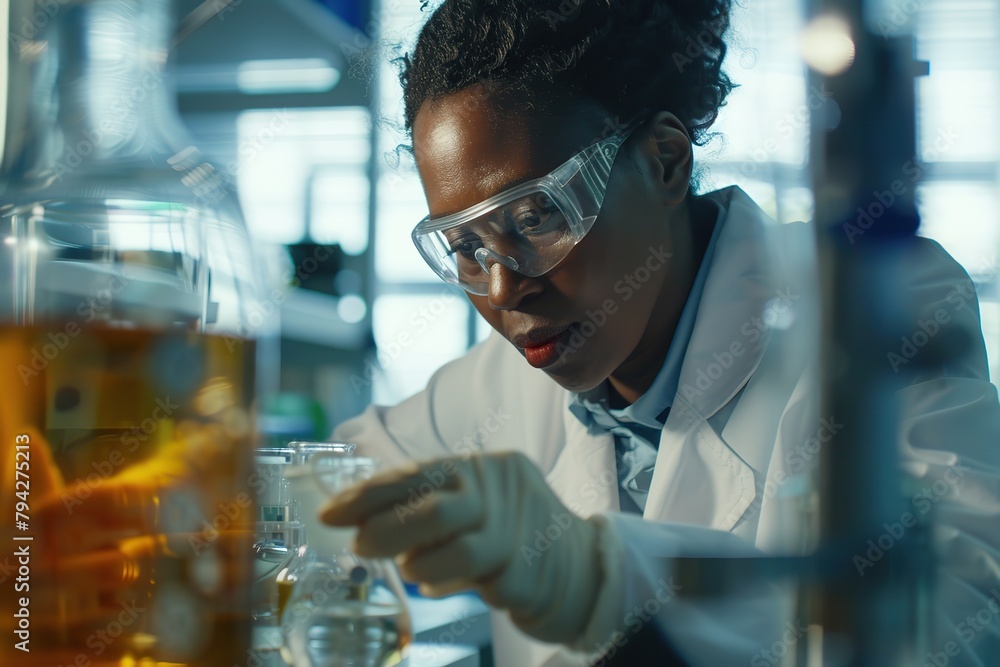 Female scientist working in a laboratory holding test tube, taking a mixed liquid from a flask. Woman wearing a white lab coat and safety glasses making medical experiment. Science technology project