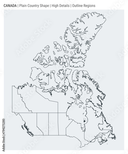 Canada plain country map. High details. Outline Regions style. Shape of Canada. Vector illustration.