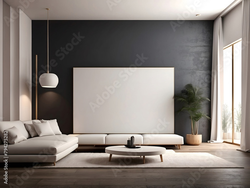 Large white empty screen in a living room interior on an empty dark wall background design 3D rendering
