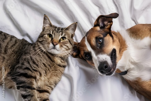 A cat and dog peacefully resting together, showcasing their unique features and bond