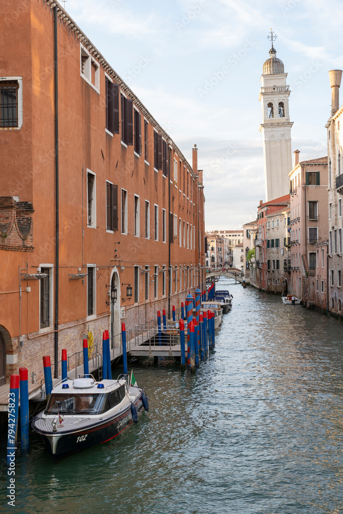 Venice, Italy : the Rio dei Greci canal and the leaning bell tower of the church of San Giorgio dei Greci