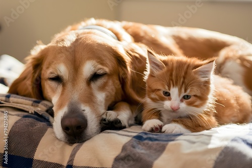 Golden dog and ginger kitten peacefully rest on blanket, evoking warm comfort