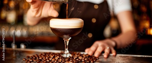 A bartender hands a glass of espresso martini drink and coffee beans on the bar counter, in the style of Anastasia Aubin, closeup shot, high resolution photography, professional color grading photo