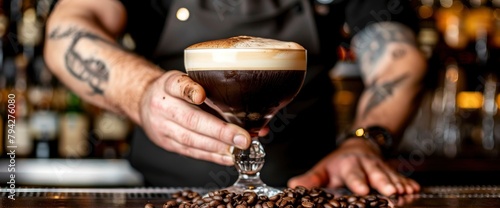 A bartender hands a glass of espresso martini drink and coffee beans on the bar counter, in the style of Anastasia Aubin, closeup shot, high resolution photography, professional color grading photo