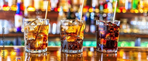 A photo of three colorful cocktails in glasses on the bar counter, green and white wall with shelves behind featuring bottles of different types of liquor and spirits