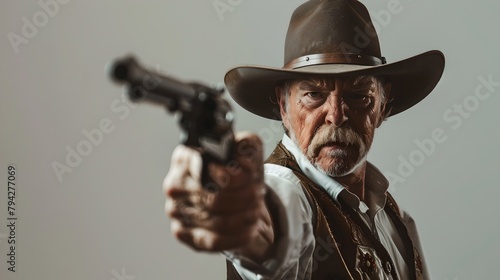 A determined cowboy aims a gun straight at the viewer. A western scene capturing danger and drama in a stylized studio setting. Perfect for themed content or creative projects. AI