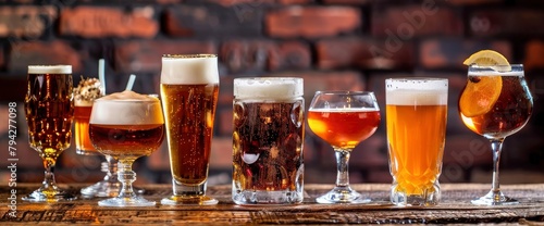 An assortment of various drink glasses, including beer and fancy cocktails on an old wooden table with an aged background photo