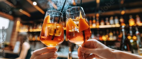 Aperol spritz cocktail glasses in hands of couple toasting, with black smoking straw on bar counter, closeup shot photo