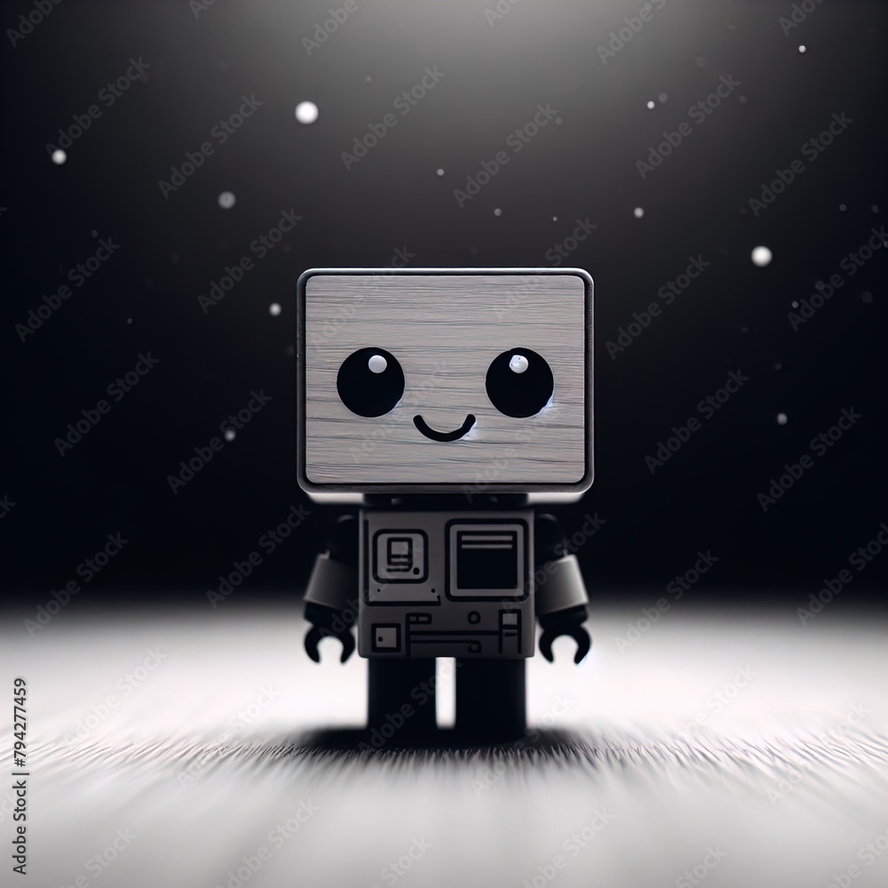 Fototapeta premium Ein schwarz weiß Foto eines kleinen lustigen Roboters