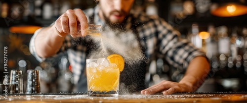 Bartender hands making an old fashioned cocktail, blowing dust off the orange garnish on the glass at the wooden bar counter in the night club's dark background  photo