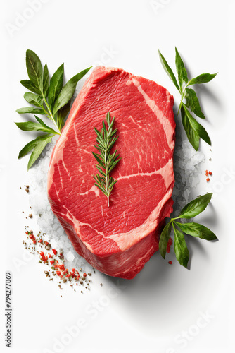 fresh raw beef steak, top view, isolated on white. Generative AI, © Erik
