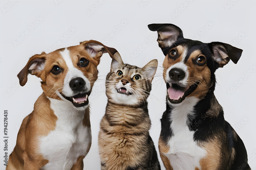 Two dogs and a cat playfully interact in lively scene against white backdrop