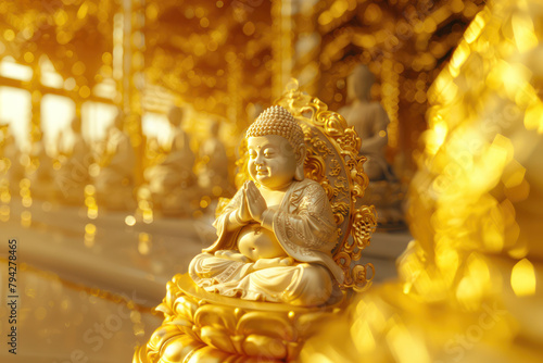 Buddha statue water lotus Buddha standing on lotus flower on gold background