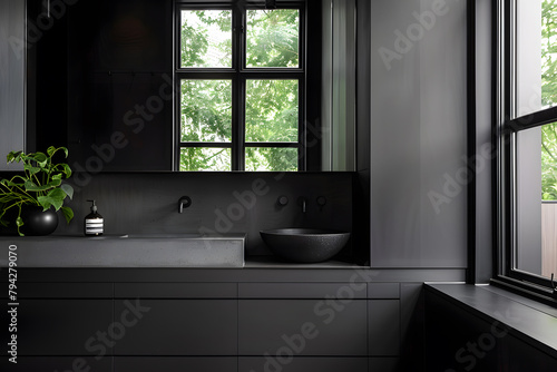 Contemporary modern bathroom interior in dark black colors and concrete elements.