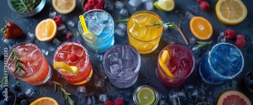 Colorful cocktails with fruit and herbs on a bar table in a top view. The bar surfaces have cocktails in glasses, a cocktail shaker and straws isolated on a black background Background Image,Desktop W