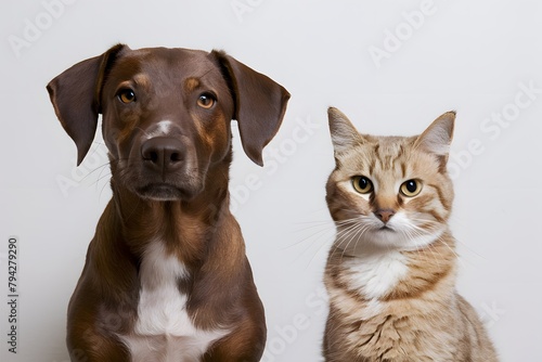 Close up of brown dog and light cat with curious expressions on white background
