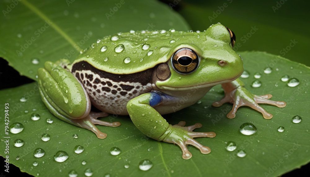 Obraz premium Green Tree Frog on Leaf with Water Droplets