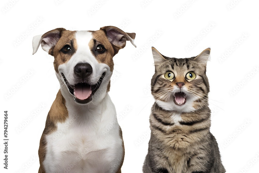 A dog and cat with contrasting expressions pose in front of white backdrop A dog and cat with contrasting expressions pose in front of white backdrop