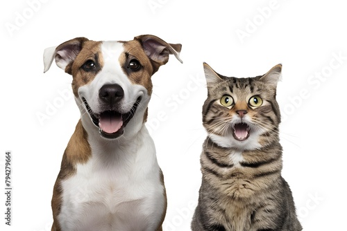 A dog and cat with contrasting expressions pose in front of white backdrop