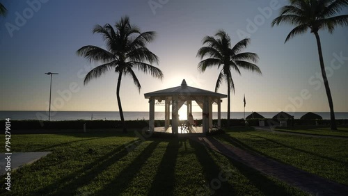 View of wedding bandstand and sea at sunrise near Puerto Morelos, Caribbean Coast, Yucatan Peninsula, Mexico, North America photo