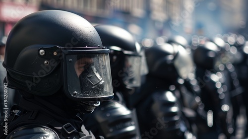 Detailed view of riot police during a labor march on May Day, working to control crowds against pension reform