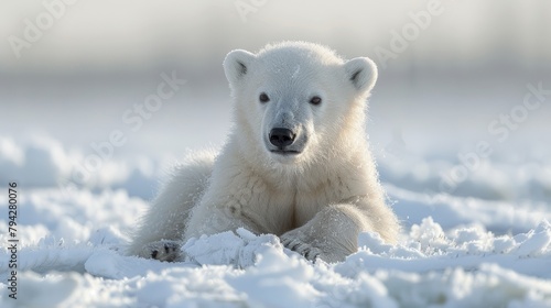 Adorable polar bear cub relaxing in snow