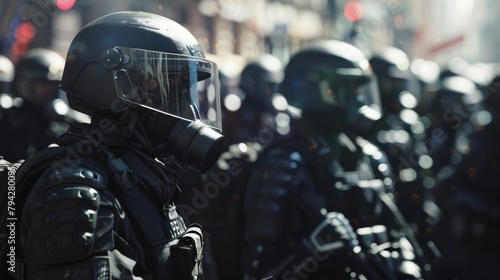 Detailed view of riot police during a labor march on May Day, working to control crowds against pension reform