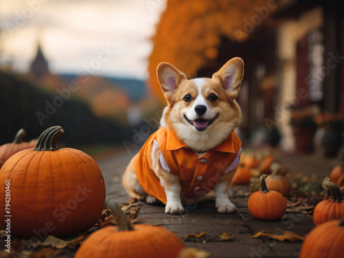 Corgi dog in Halloween pumpkin costume AI generated