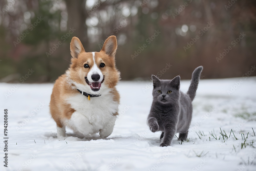 Playful Corgi and kitten joyfully romp in snowy field, exuding pure winter bliss Playful Corgi and kitten joyfully romp in snowy field, exuding pure winter bliss
