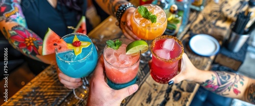 Photo of group toasting with margaritas at table, top view, in the style of stock photo, watermelon and lime in glasses, colorful cocktails on the wooden bar counter