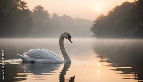 Serene Swan on Misty Lake at Dawn © Santiago