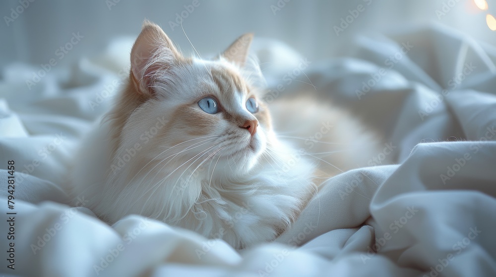 Serene cat resting on cozy white bedding