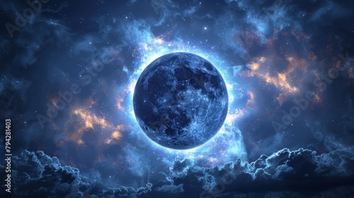   A blue planet in the middle of a cloud-filled sky, surrounded by a bright star at its center