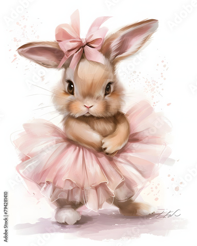 Cute baby bunny wearing a pink tutu and a bow on its head with paws crossed in front. Attitude pose. 