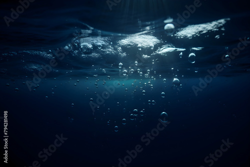 Serene underwater scene with bubbles rising to the surface during twilight