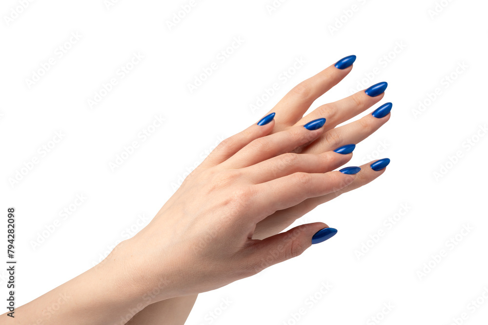 Hand of a woman with blue nails isolated on a white background. Hand of a woman with blue nails isolated on a white background.