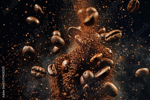 Dynamic explosion of coffee beans in mid-air with fine particles against a dark background © gankevstock