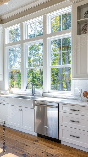 a kitchen adorned with white cabinets  warm wood floors  and expansive windows  epitomizing the fusion of rustic simplicity and contemporary elegance.