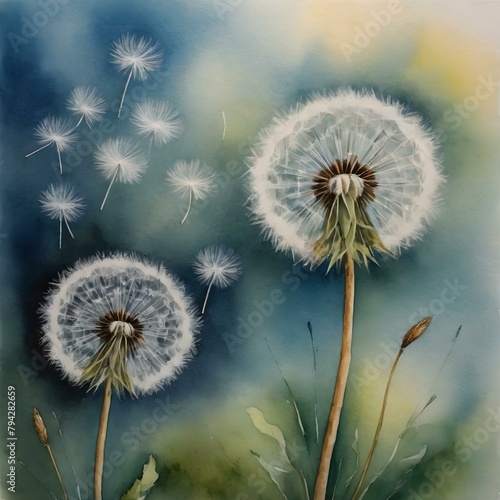 Seeds of the dandelions are rising towards the sky