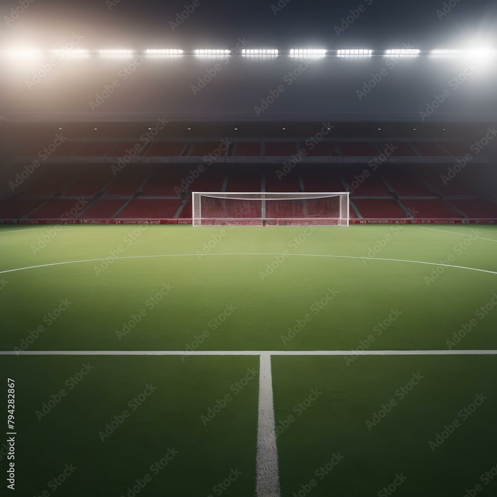 soccer field in stadium spot lights green pitch white line