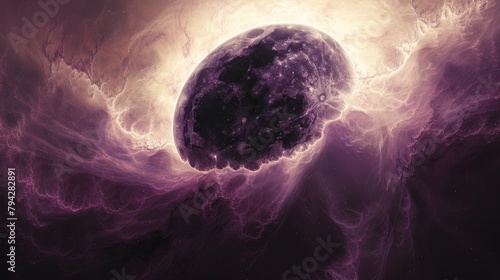   A large black object is centered amidst a space filled with purple and white cloud formations