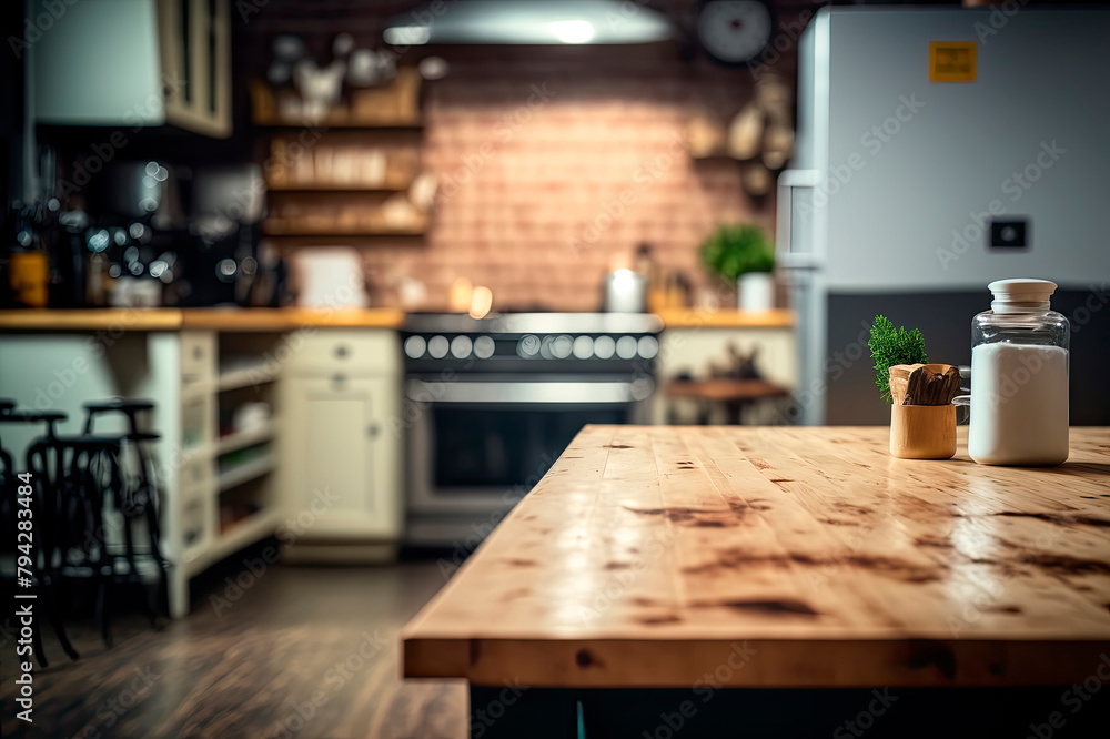 Wooden table foreground and blurred kitchen background. Generative AI,