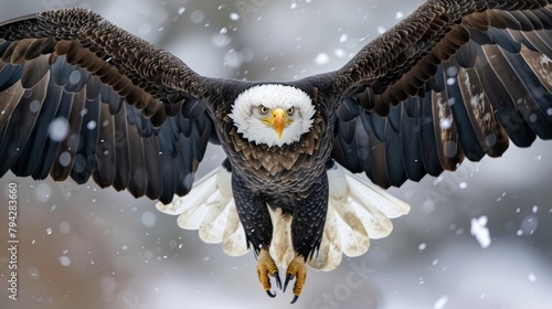 Stunning capture of an eagle in mid-flight with snow flurries in the background