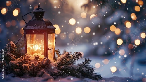 Festive lantern adorned with pine branches in snowy setting