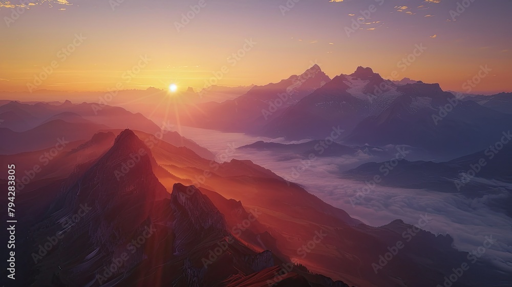 Naklejka premium stunning swiss landscape with mountains at sunrise