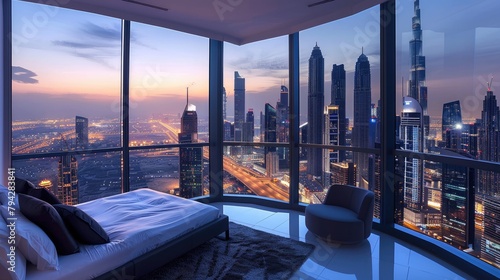 bedroom adorned with a panoramic window showcasing a cityscape at twilight, its skyscrapers illuminated against the evening sky, all set amidst a sophisticated, monochrome color scheme.