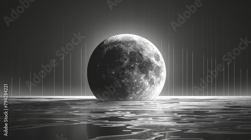  large moon in the middle, over body of water In monochrome, a prominent moon in the water's center