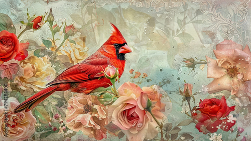 Red cardinal bird with flowers,rococo art painting