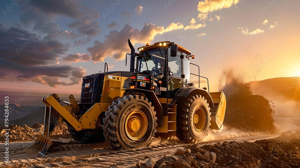 Rugged Wheel Loader at Work During Golden Hour, Construction Equipment in Action, Powerful Earthmoving Machine in Dramatic Sunset Scene. AI Rugged Wheel Loader at Work During Golden Hour, Construction Equipment in Action, Powerful Earthmoving Machine in Dramatic Sunset Scene. AI