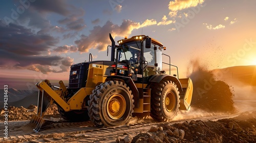 Rugged Wheel Loader at Work During Golden Hour  Construction Equipment in Action  Powerful Earthmoving Machine in Dramatic Sunset Scene. AI